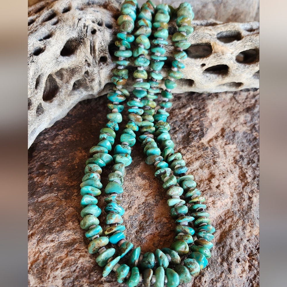 Sterling Silver Genuine Turquoise 2 strand Necklace Set - Picture 6 of 17
